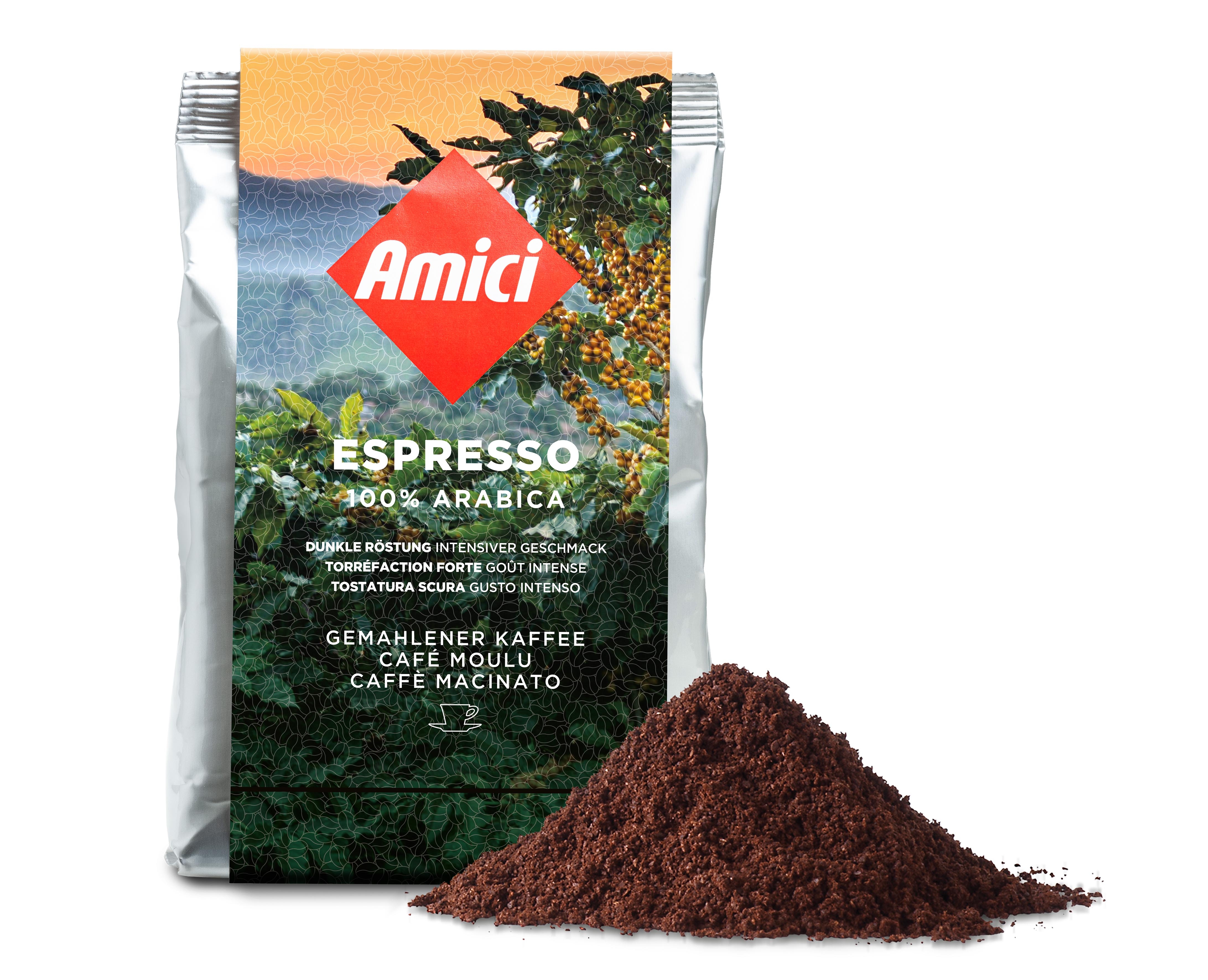 Sachet de 250g café moulu pour Espresso Amici Caffè, Torréfaction foncée